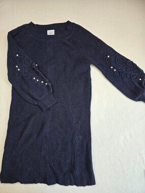 ViVi Violet Weekend Navy Blue Knit Dress Embroidered Sleeves Pearls Size S
